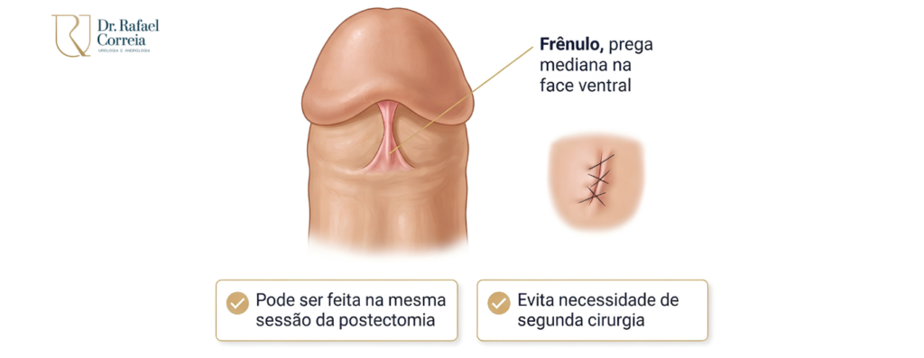 Procedimento de postectomia com frenulopastia e recuperação rápida e acompanhamento médico.