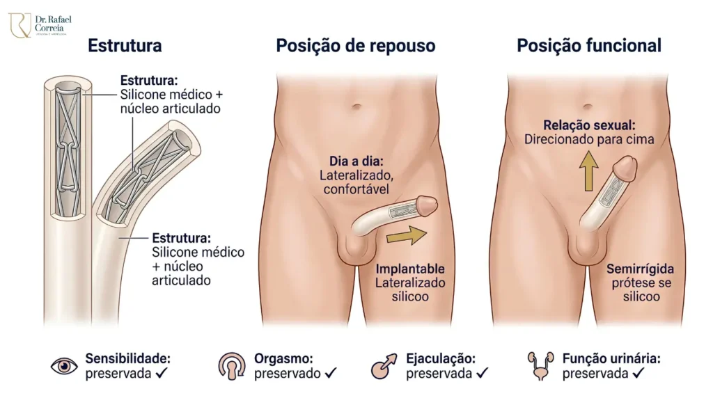 Ilustração médica sobre funcionamento da prótese relacionada à prótese peniana semirrígida para tratamento da disfunção erétil.