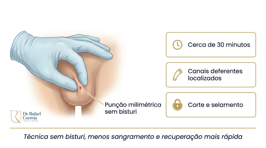 Dr. Rafael Correia explicando a técnica de vasectomia sem bisturi durante atendimento.